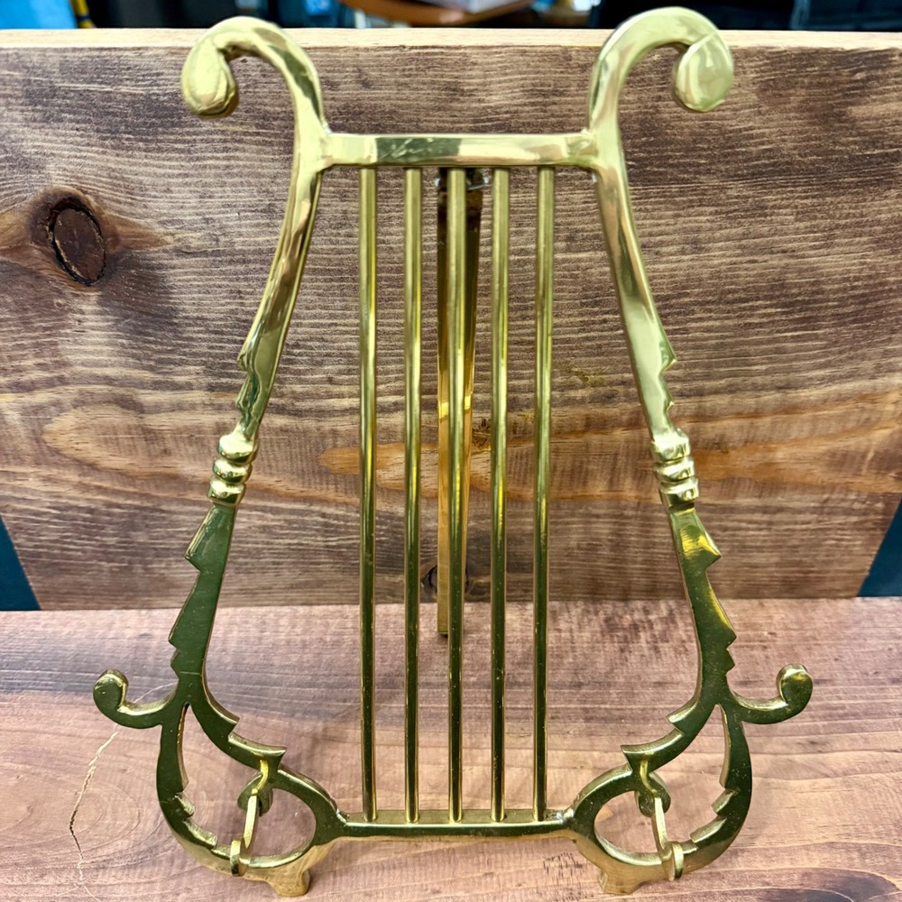 Vintage Brass Lyre Harp Easel Stand Folding Ornate Gold Book Plate Display India